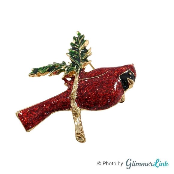 Beautiful Red Glitter Enamel Cardinal Bird Gold Tone Brooch Pin - Picture 3 of 6